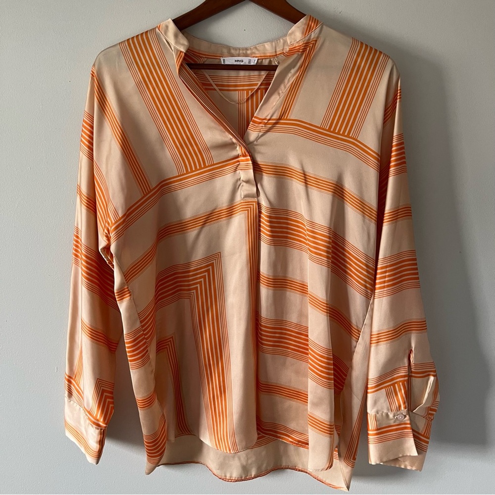 Mango Orange Blouse with Mandarin Collar and Cuffed Sleeves